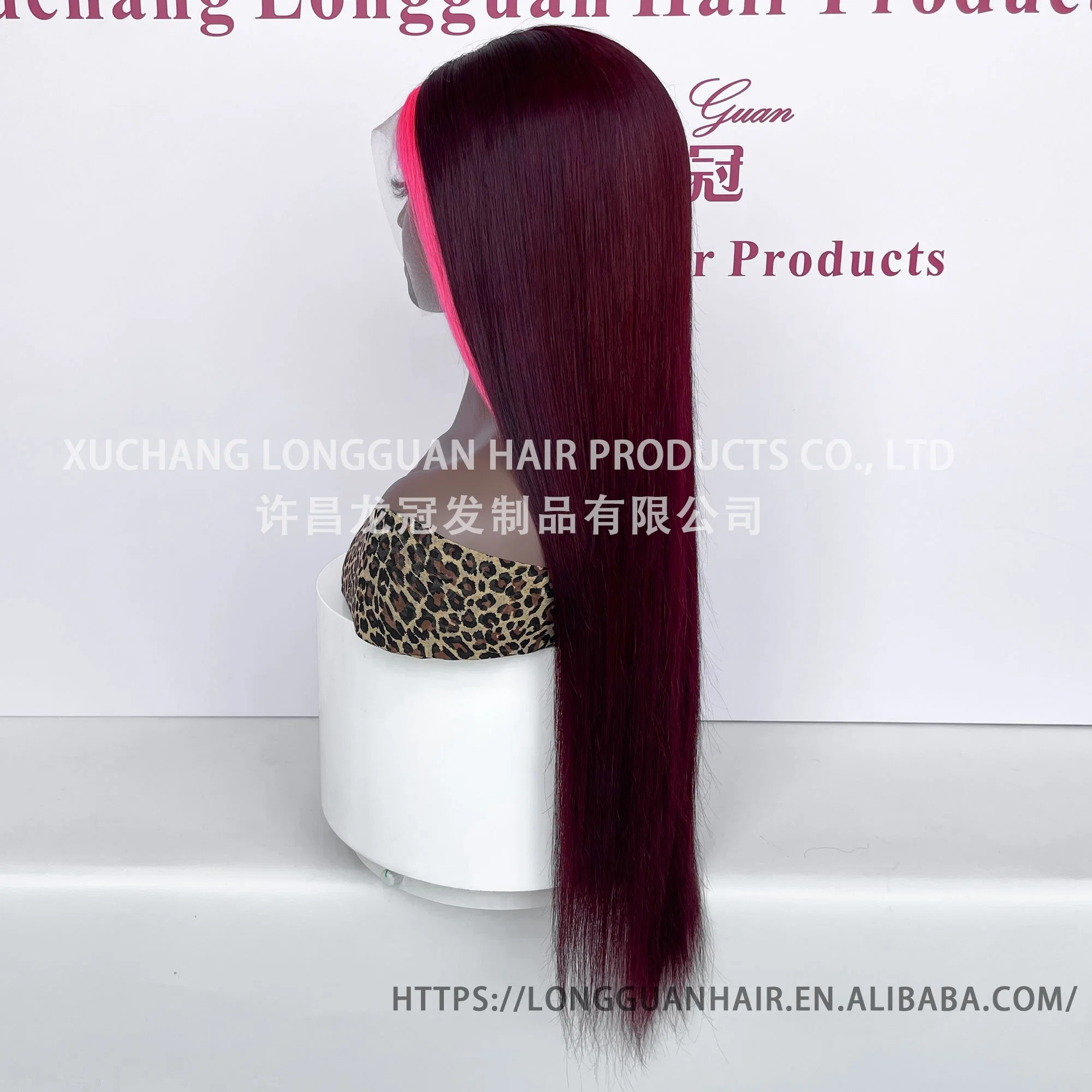 Human Hair 26-Inch Neonpink#99j# Straight 13X4 Skunk Stripe Lace Front Wigs