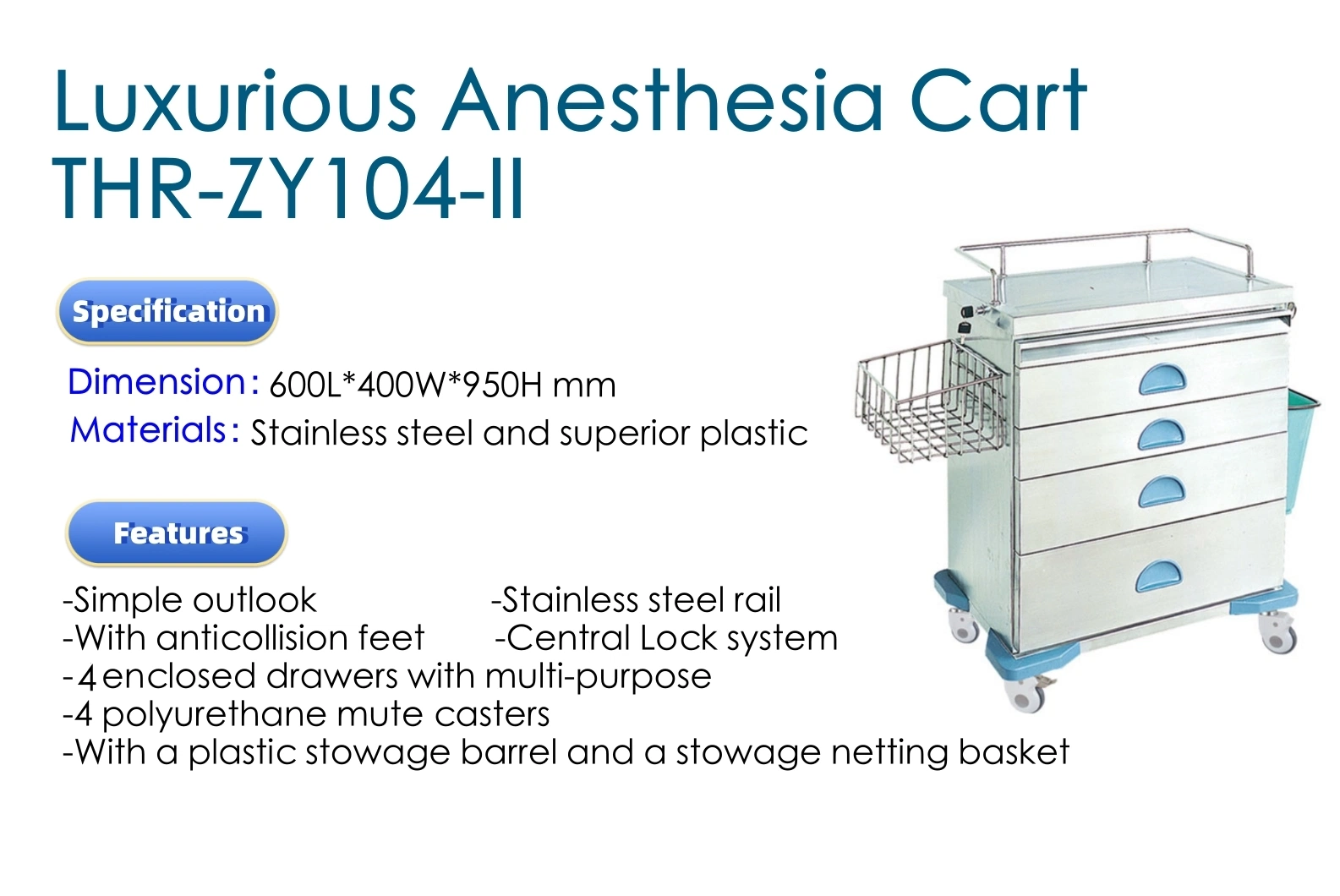 Hospital Luxurious Stainless Steel Trolley Medical Anesthesia Cart (THR-ZY104-II)