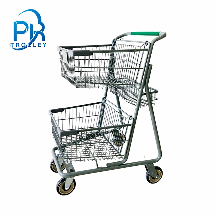 Chariot de magasinage en métal à deux niveaux avec trois paniers pour les magasins de proximité.
