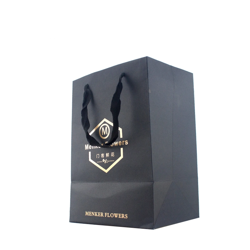 Customized Gold Foil Stamping Logo Black Paper Shopping Gift Bag