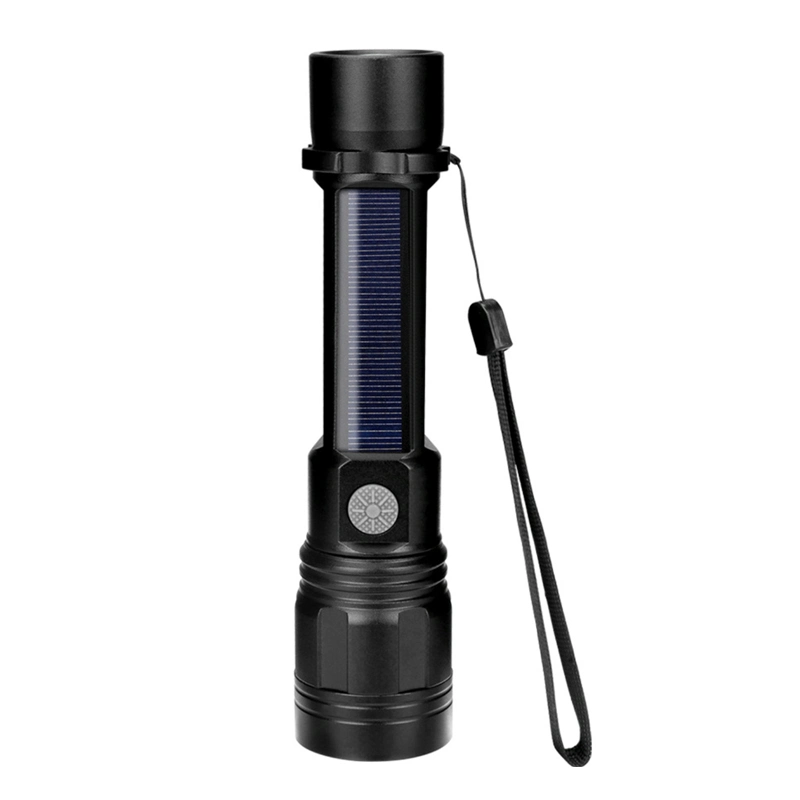 High quality/High cost performance T6 LED Flashlight Torch Light with Top Compass Adjustable Solar Powered Torch Lamp Hot Zooming Aluminum Flashlight