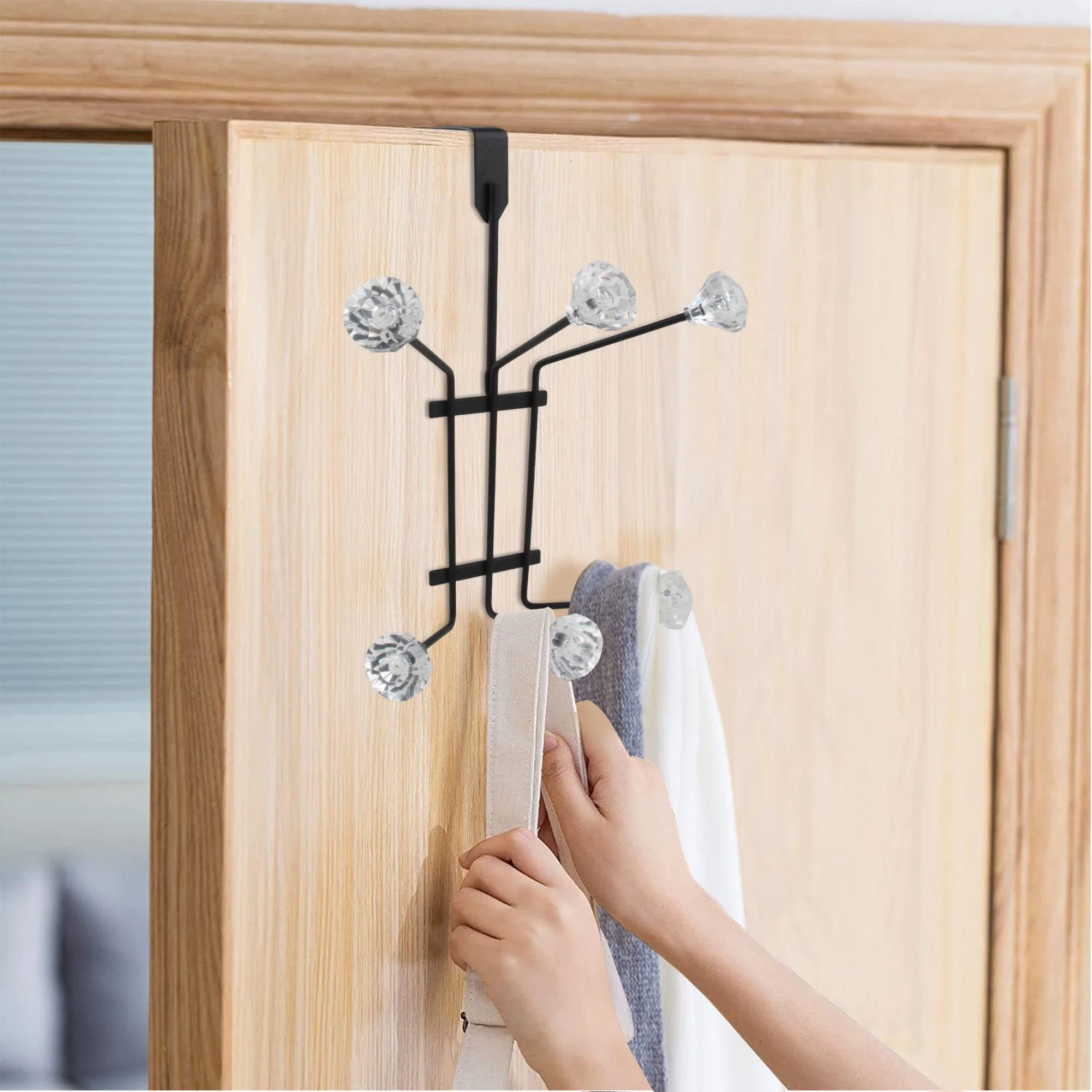 Heavy- Duty 3 Double Hooks Metal Over The Door Hanging Coat Hooks with Acrylic Knob