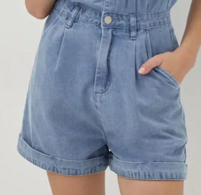 El verano de manga corta mujer Romper la moda casual Botón en blanco arriba Playsuit Denim Jumpsuit corto