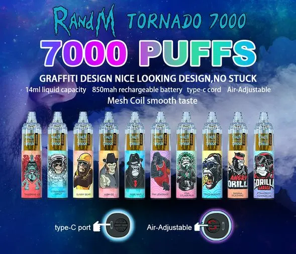 Taschenformat Design und bequem zu Randm Tornado regargeable verwenden Einweg-Bar 7000 Puffs mit 20 Geschmacksrichtungen für Optionen