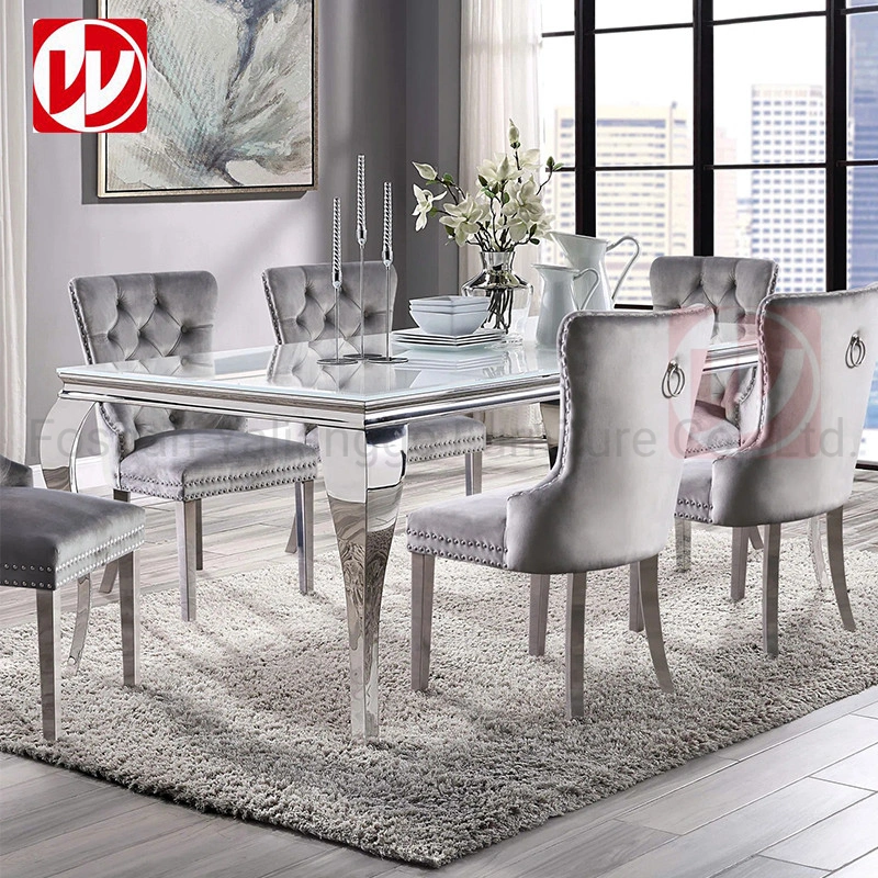 Moderno Blanco vidrio templado Metal Acero inoxidable rectangular comedor Banquete Tabla