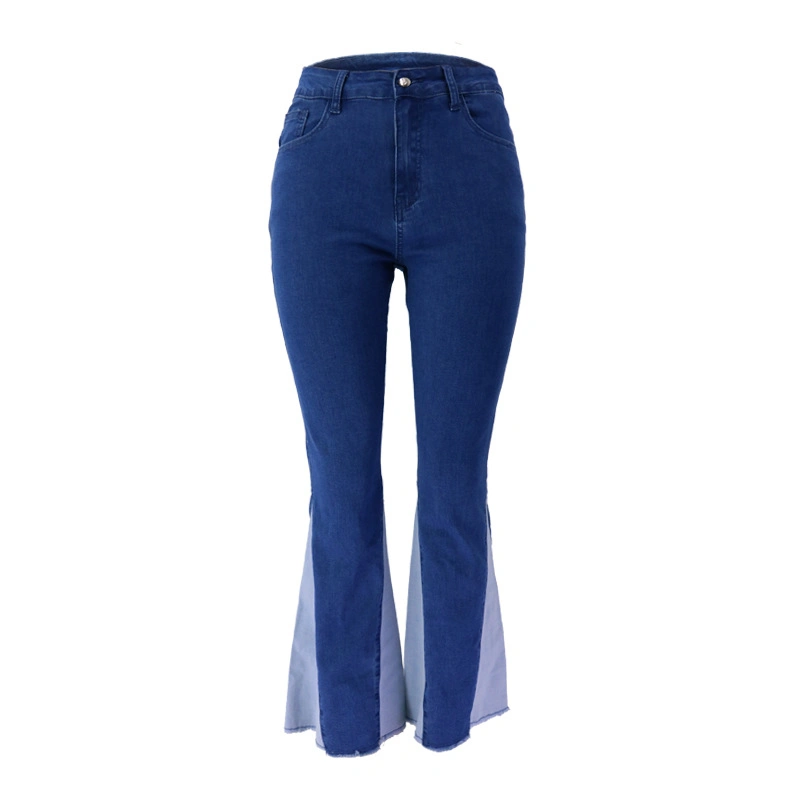 Großhandel/Lieferant Junior Plus Größe Hochhaus Super Damen Dunkelblau Flare Geteilte Jeans