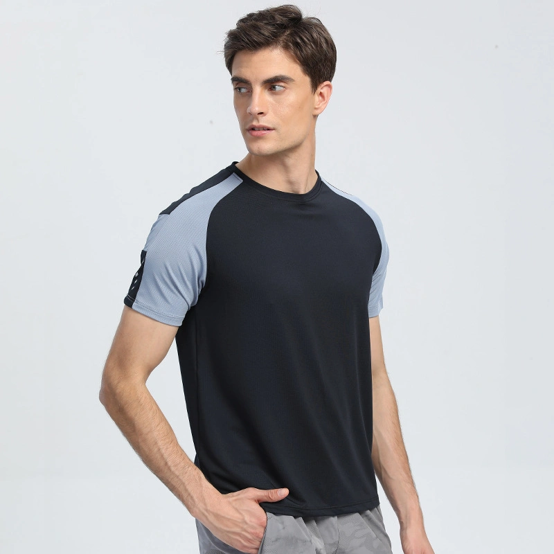 New Men's Round Neck Stitching Sports Top Printing Breathable Sweat-Absorbing Fitness Short-Sleeved Outdoor Summer Quick-Drying Shirts