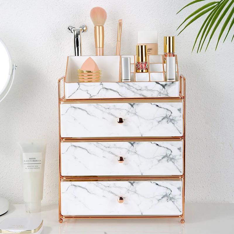 Luxury PS Dresser Marble Cosmetic Make up Drawers Collection Case 4tiers Plastic Makeup Storage Organizer