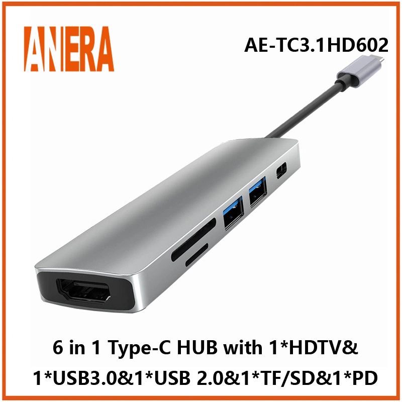 Haute performance 6 en 1 USB C Portable Type C Hub Adaptateur avec USB3.0/2.0 Hub SD/TF 2.0 Lecteur de carte Pd Charging et HDMI.