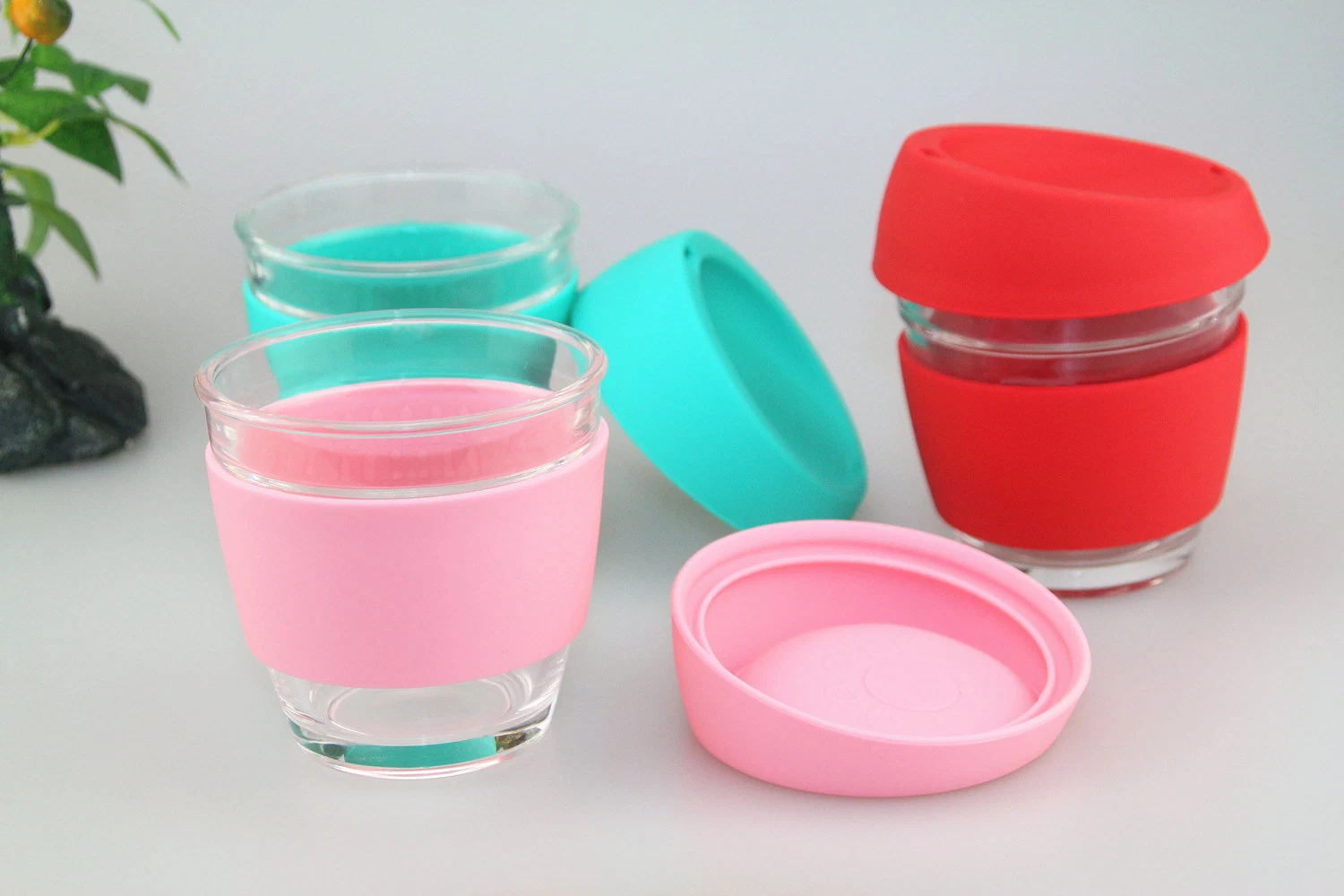 Tasse à café réutilisable en verre avec couvercle en silicone isolant et couvercle en verre Mi17208