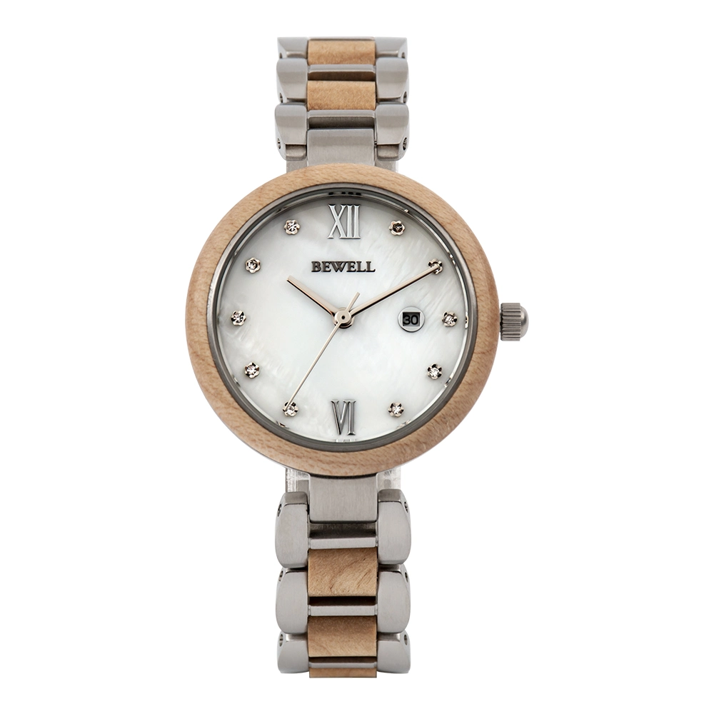 Bewell Fashion en bois naturel en acier inoxydable Mop Dial Lady Watch
