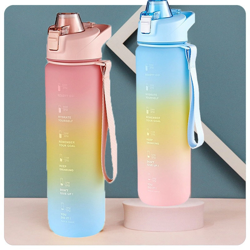 Sport Daily Water Bottles with Times to Drink Pop-up Straw Tritan Water Bottle with Motivational Time Marker for Fitness