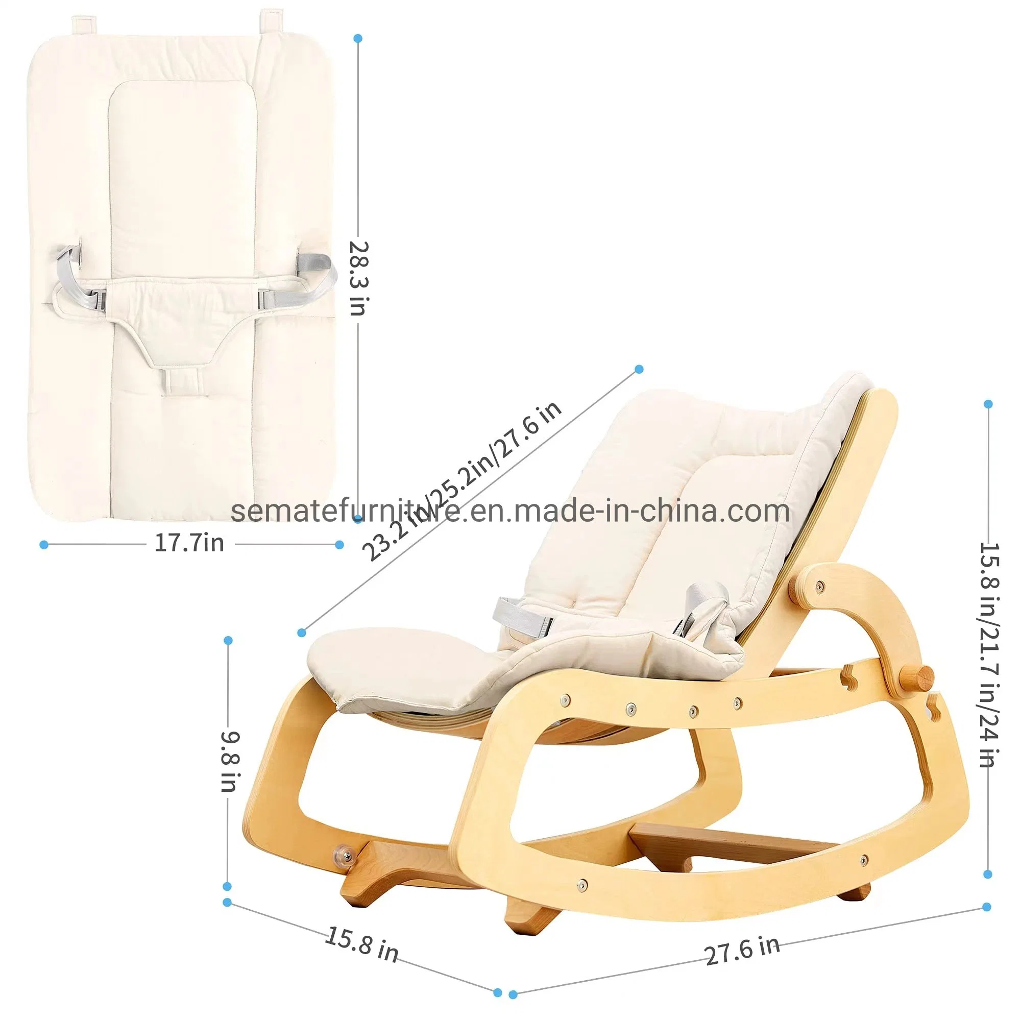 New Arrival Multi-Function 3-in-1 Baby Bouncer Furniture Adjustable Baby Rocker Wooden Baby Ergonomic Rocking Chair with Remaovable Mat and Safety Belt