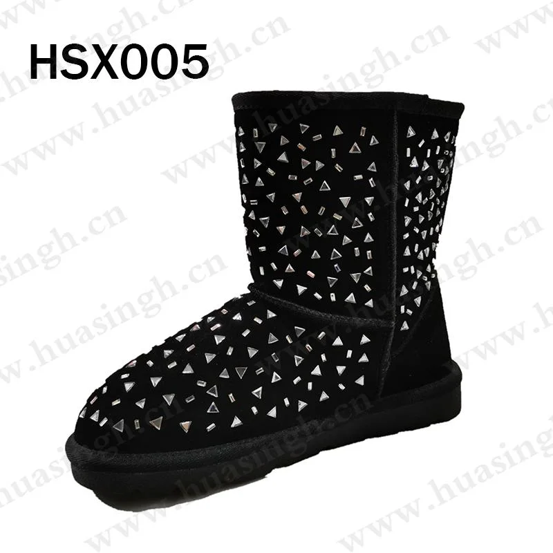 Zh, Wholesale/Supplier Plush Real Wool Lining Black Winter Snow Boots Rivets Decoration Lady Boots Shoes Popular in Extreme Cold Weather Hsx004