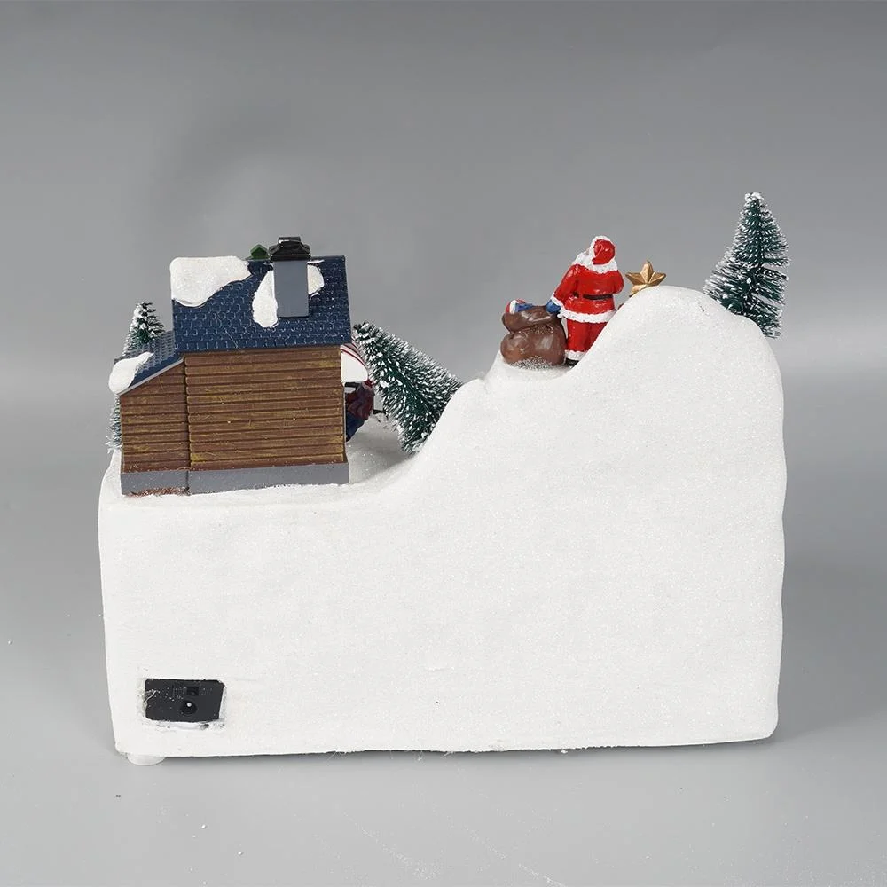 LED Light up Xmas Scene Fiber Optic Resin Musical Animated Christmas Village with Rotating Train and Skater Ornament