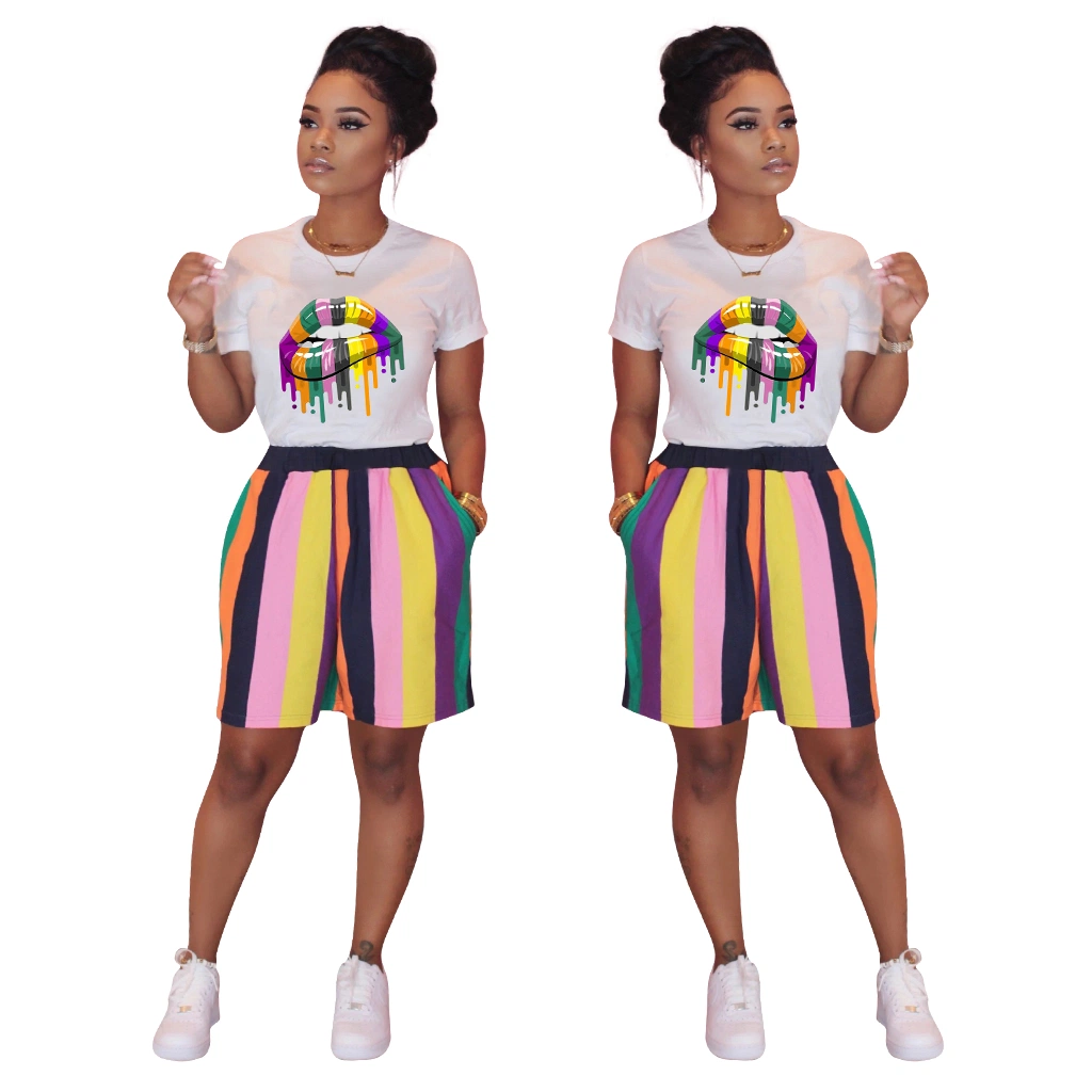 L287939 Casual Lips Stripe Print Sports Short Sleeve Shorts Set Basketball Jersey Cheap