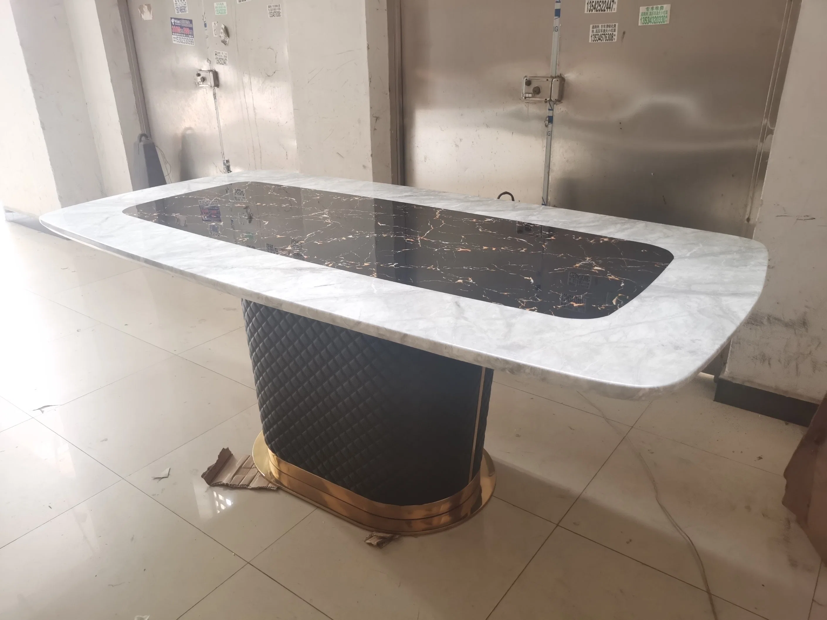 Leather Mix with Stainless Steel Table Base Marble Top Dining Table