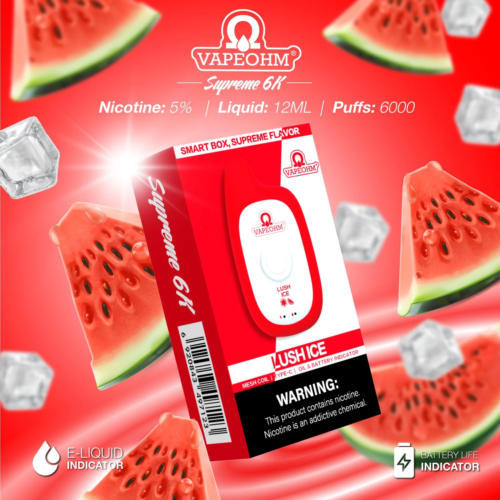 Refresco recargable VAPE 12ml E-capacidad de líquido 6000 Puffs vape con Indicador de duración de la batería