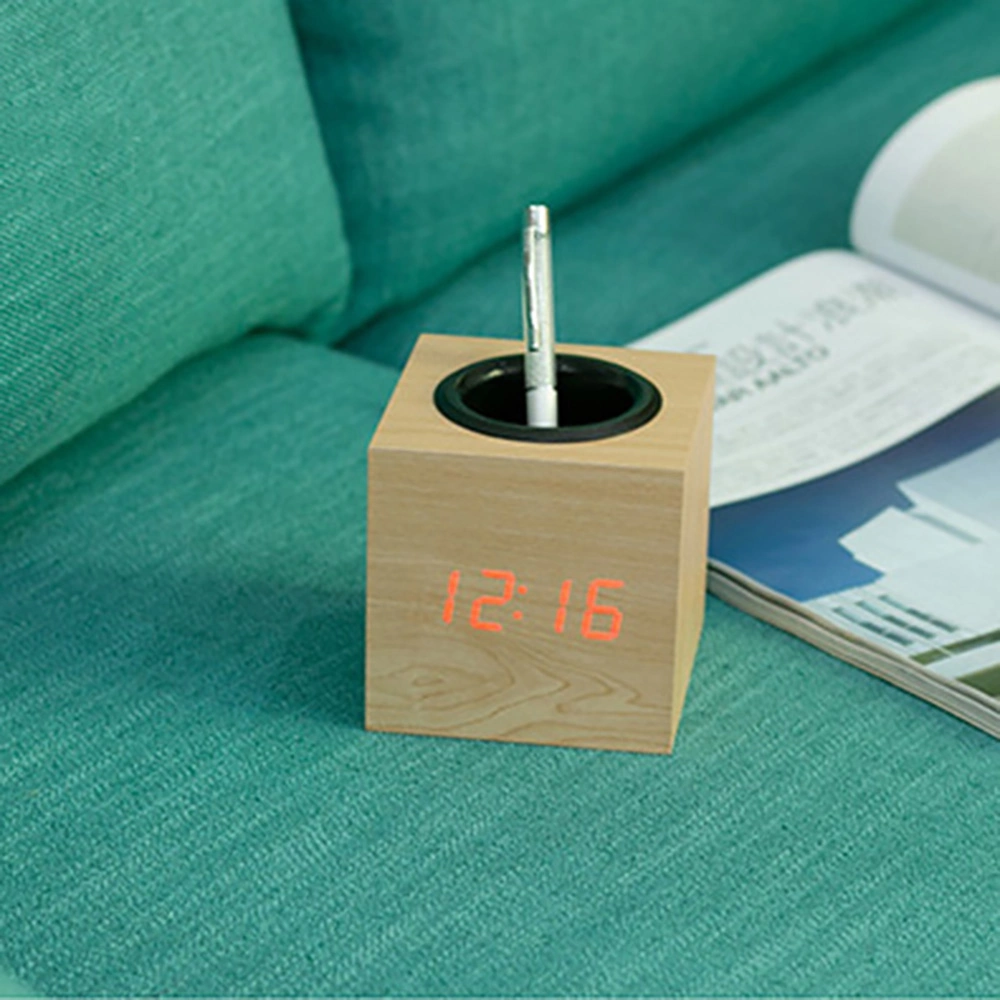 Wood Pen Holder with LED Alarm Clock Smart Gift Pen Collection