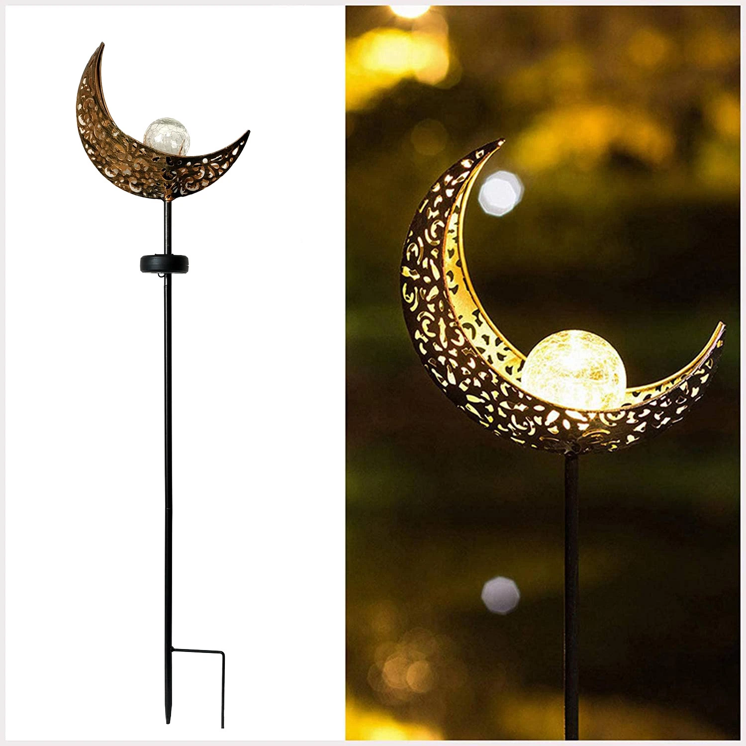 Garden Solar Light Outdoor Decorative, Moon Crackle Glass Globe Stake Metal Lights Waterproof Warm White LED for Pathway Ci24850