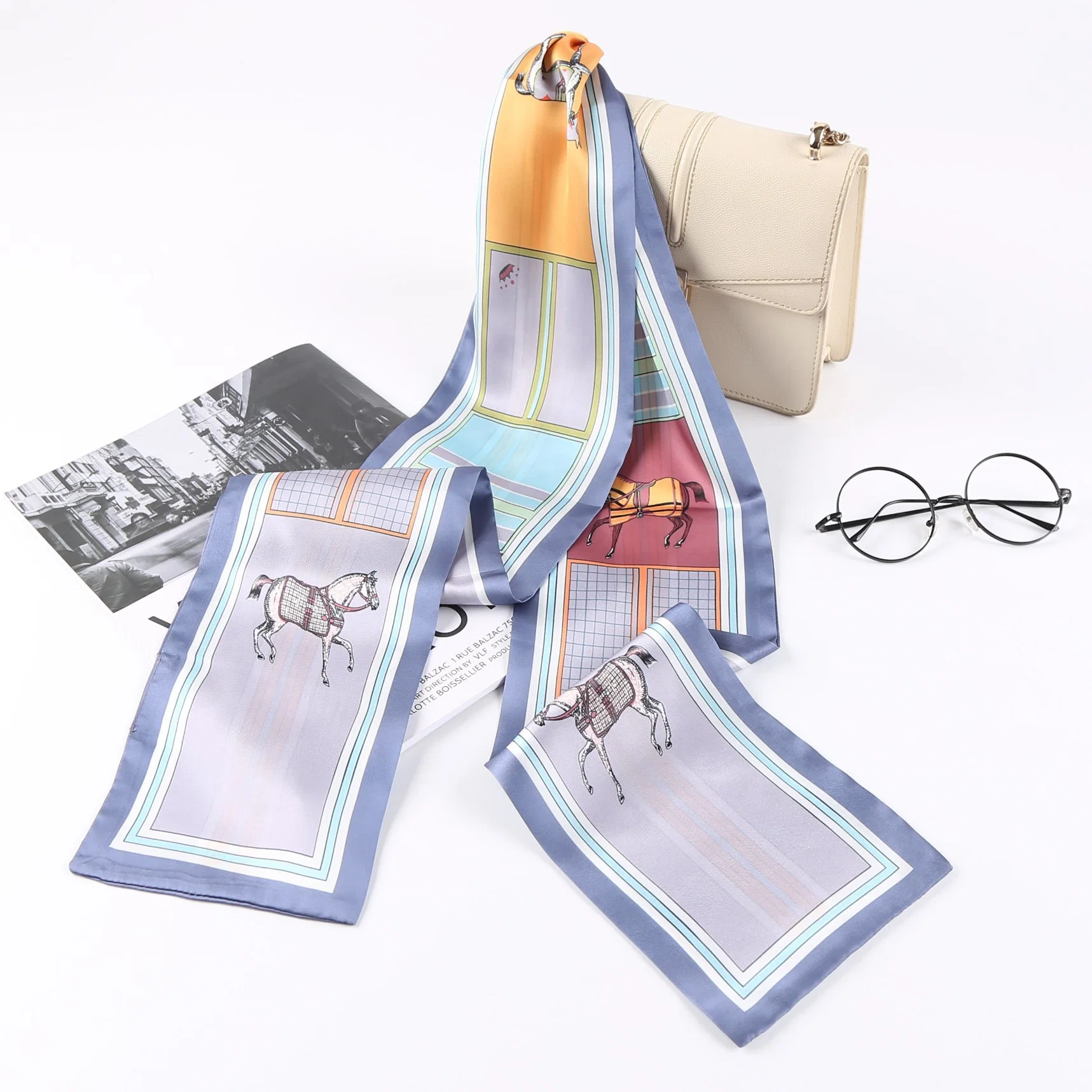 14X145cm Custom Multi Use Fashion Silk Satin Scarf Silk Hair Ribbon Hairband Bag Band