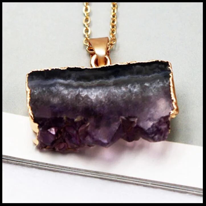 Natural Crystal Pendant Amethyst Pendant Natural Stone Electroplating Edging DIY Necklace Accessories