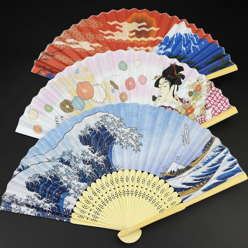 Custom Paper Hand Fan Bamboo Paper Silk Fabric Double Sided Printing Folding Hand Held Fan for Party Wedding Promotional Gifts