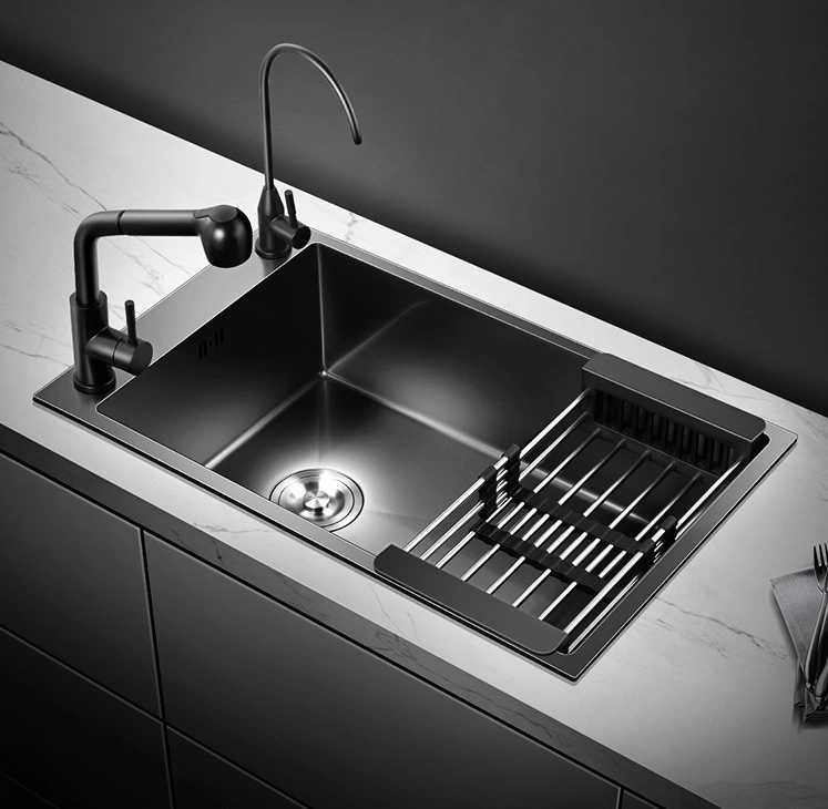 Luxury Black Kitchen Single Bowl 304 Stainless Steel Handmade Kitchen Sink with Faucet for Hotel, KTV