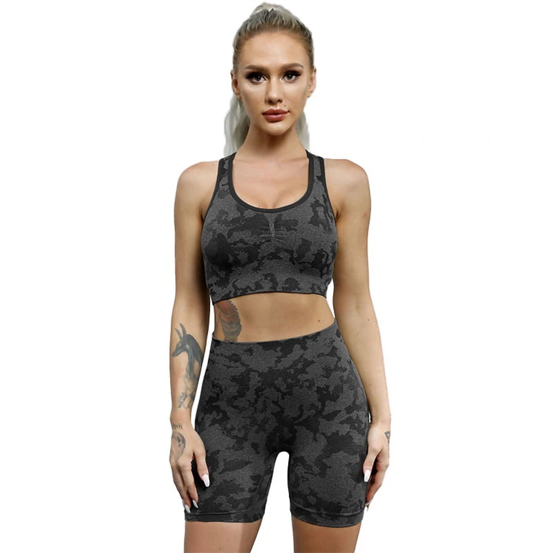 Top Premium Quality Womens Camo Active Wear Pilates Workout Clothes Olive Green Racer Back Yoga Bra and Athletic Shorts Gym Fitness Apparel