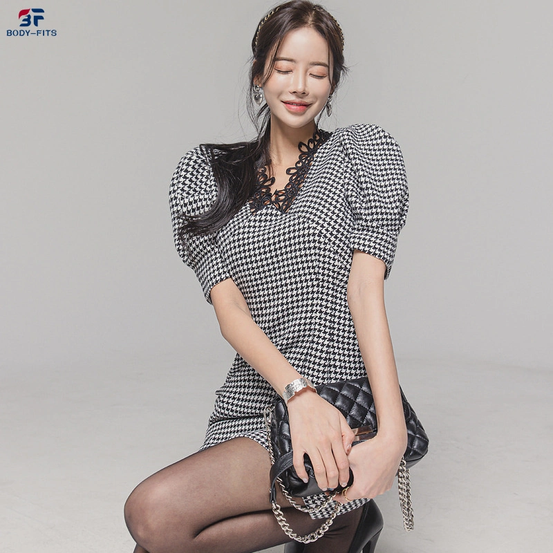 Ropa de mujeres de la primavera de Corea Slim con cuello en V de encaje cosido de moda vestidos de cintura Houndstooth