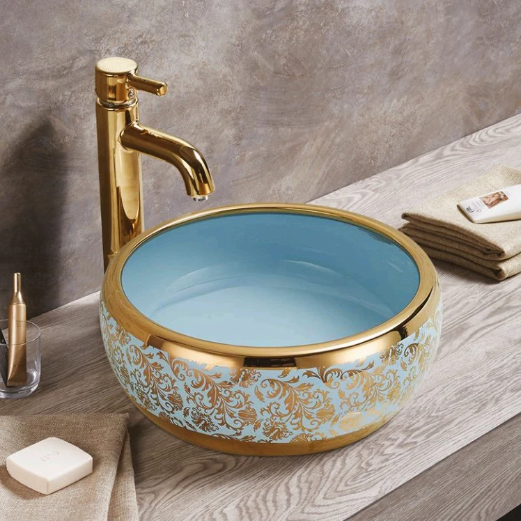 Luxury Sanitary Ware Round Ceramic Blue Gold Bathroom Sink Wash Basin