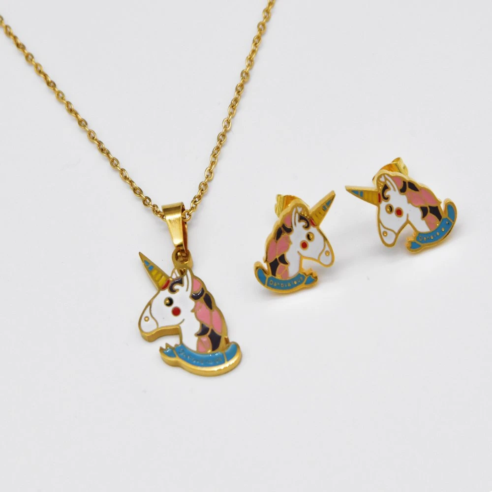 Wholesale/Supplier New Fashion Gold Plated Unicorns Pendant Necklace Earring Jewelry Set for Girls