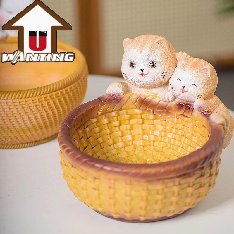 Cartoon Cat Imitation Woven Storage Basket Desktop Decor Animal Model Home Decoration