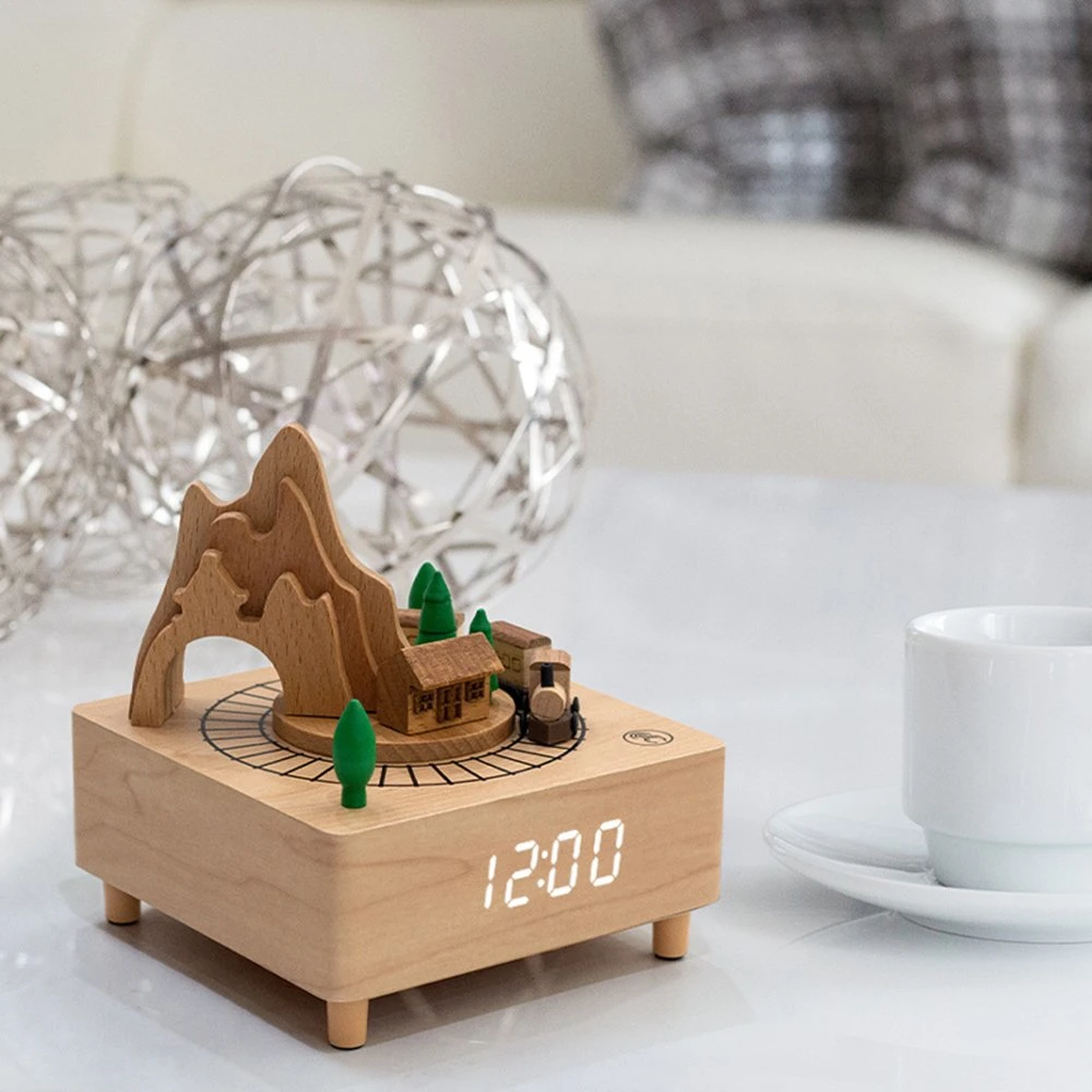 Children Gift Wooden Countryside Decorative Music Box LED Alarm Clock