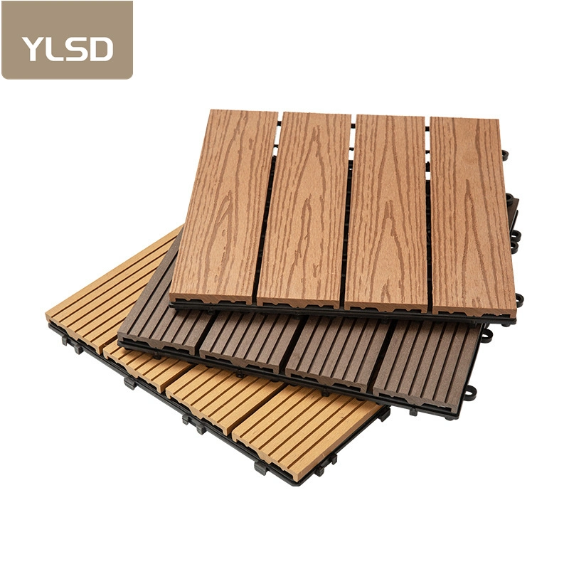 Plancher en bois composite avec grille, carrelage de terrasse WPC à emboîtement extérieur, carreaux écologiques DIY, carreau composite à motif profond.