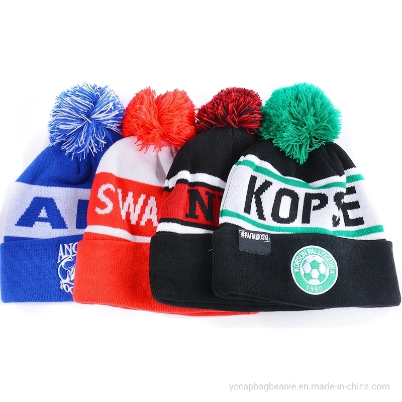 Customr Recycle Acrylic Bobble Sport Soccer Football Knit Pompom Jacquard Beanie Hat