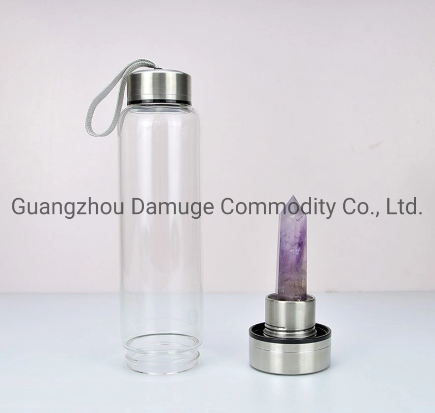 Glass Water Bottle with Gemstone Center Crystal Elixir Bottle with Natural Crystal Point Healing Obelisk Wand Energy Cup