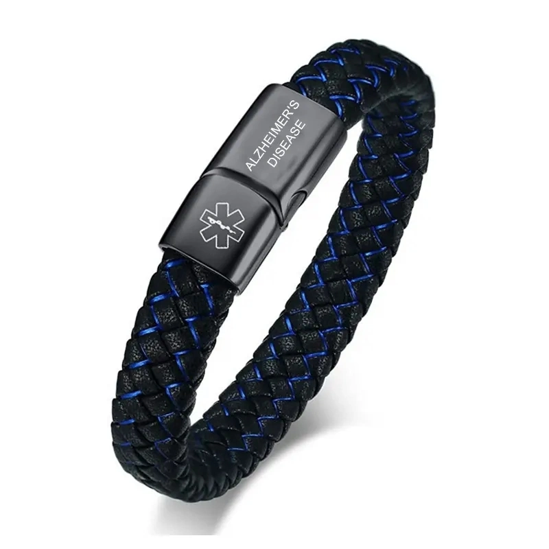 Nuevo Trend Simple Men's Business Blue Leather Bracelet Pulsera de Cuero de Acero Inoxidable Grabable para Parejas