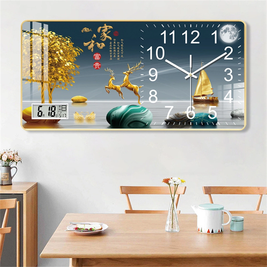 Creative Rectangular Living Room Crystal Porcelain Painting Hanging Wall Quartz Clock