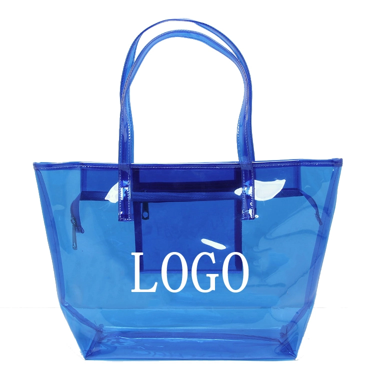 Fashion Wholesale/Supplier Clear PVC Shoulder Tote Bag with Zipper Large Blue Beach Bag Factory Transparent PVC Lady Tote Bag