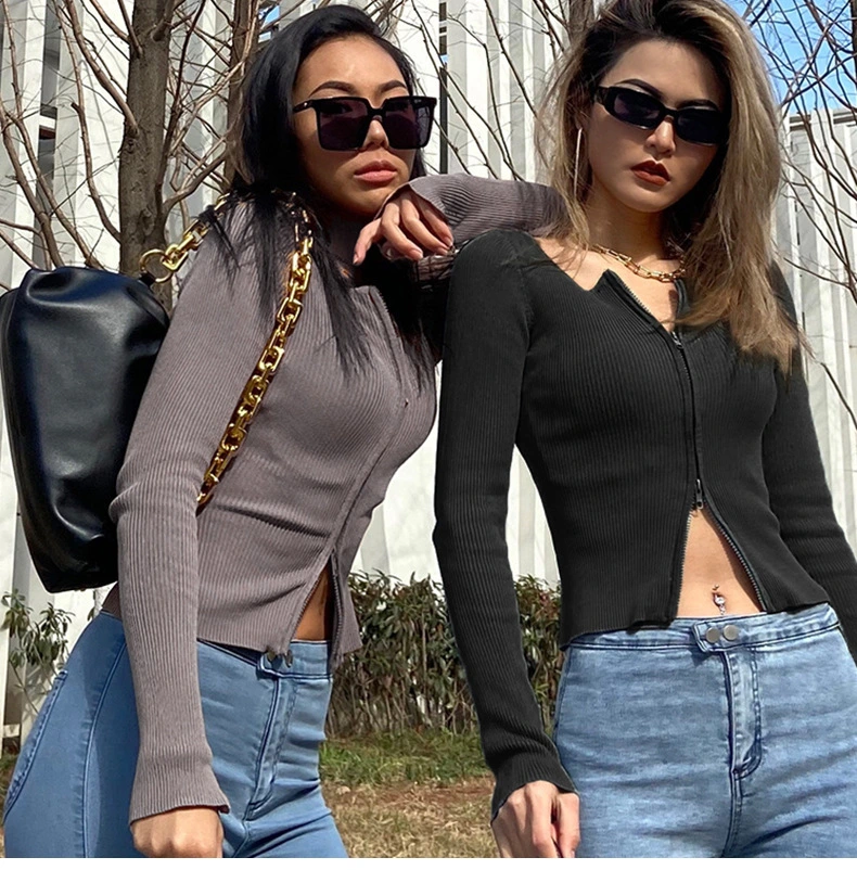 New Ribbed Double Zipper Long Sleeve Jacket Women's Gym Running Training Sports Tops Yoga Jackets