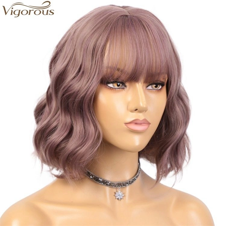 Court Synthétique ondulées perruque bob violet rose mixte avec Bangs