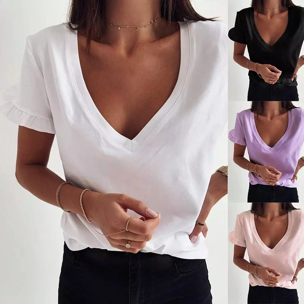 Women Casual Summer Solid Sexy V Neck Ruffled Loose Short Sleeve Bottoming Top T-Shirt Plus Size Ladies White T Shirt