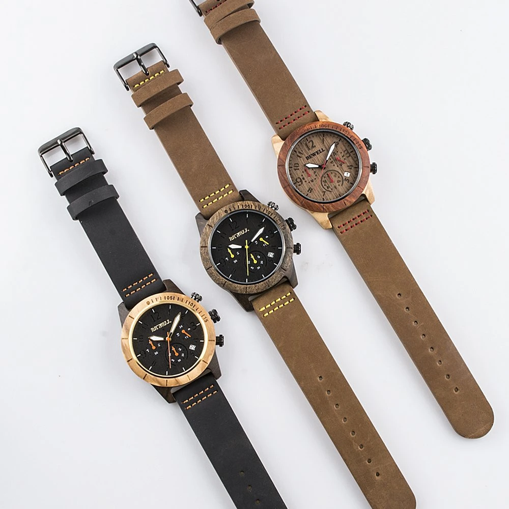 Bewell ver hombres Muñeca de Madera 41mm Japón Vd53 Movt Sándalo negro reloj cronógrafo de cuero Fastrack Reloj para hombres