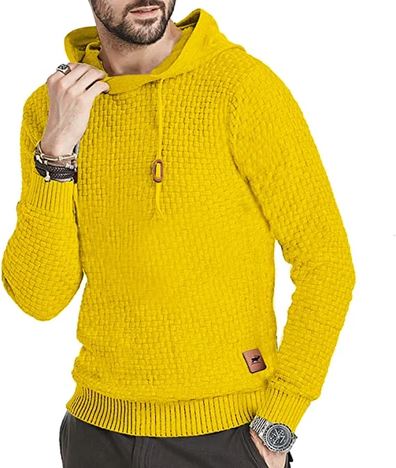 Zaitun Mens Hooded Sweatshirt Long Sleeve Solid Knitted Hoodie Pullover Sweater