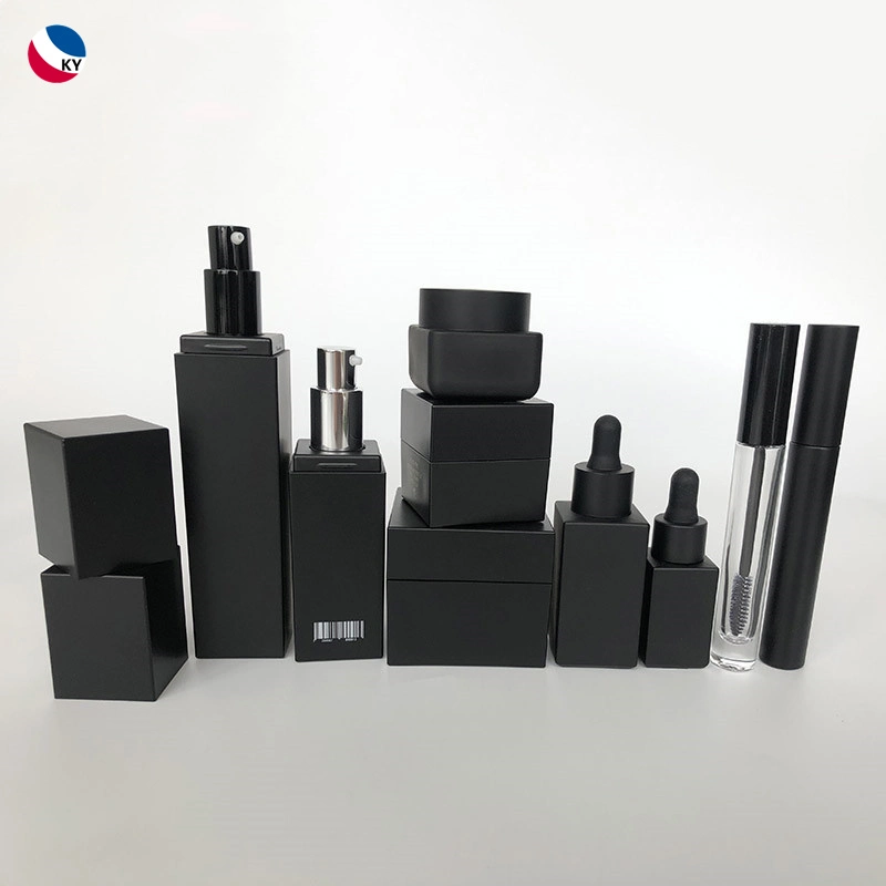 Luxury Matte Black Square Serum Mascara Tube Cosmetic Container Glass Cream Jar Lotion Plastic Pump Bottles