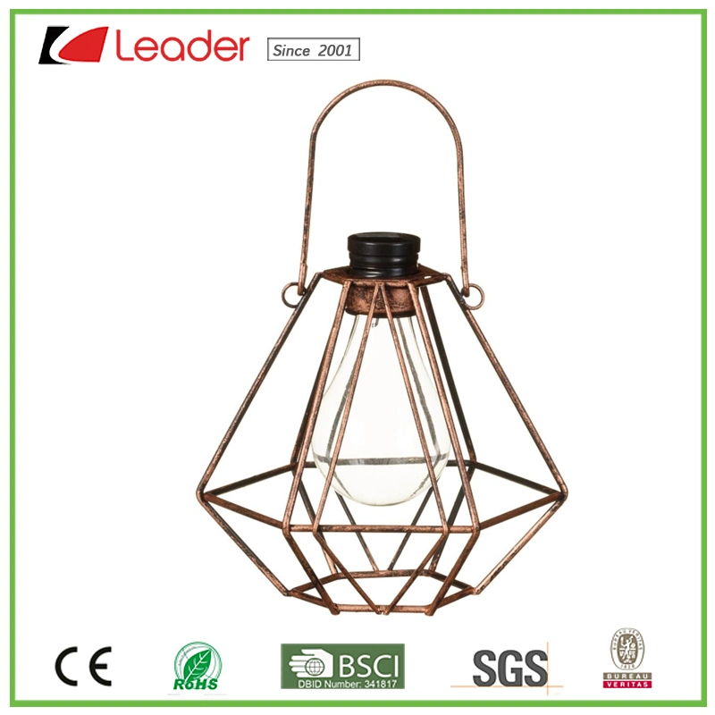 New Metal Caged Solar Lantern with Bulb Light for Outdoor Decoration