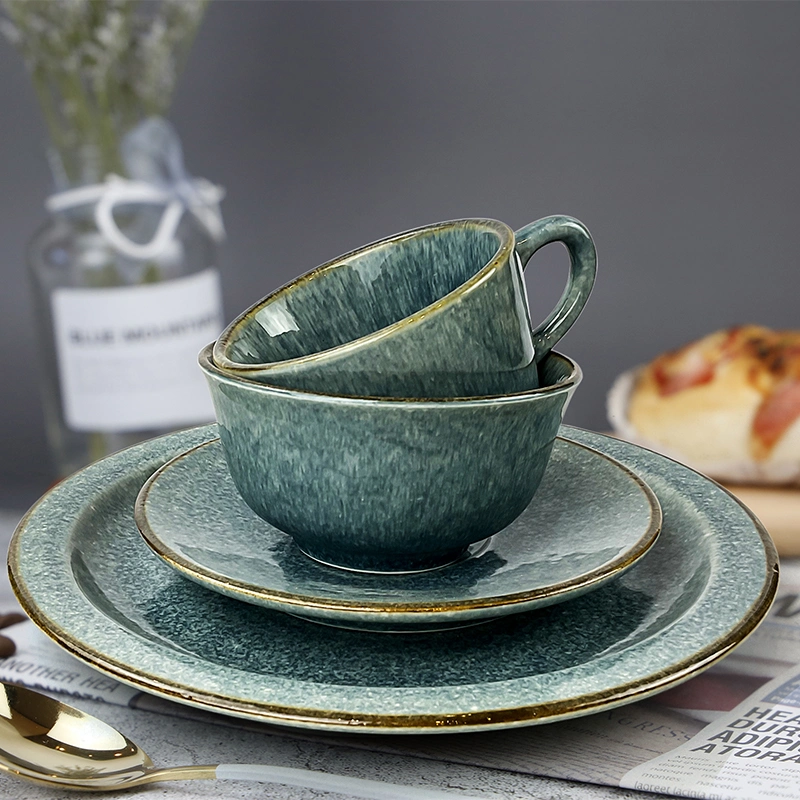 Amazon Hot Sale 16PCS High-Quality Reactive Glaze Ceramic Stoneware Dinnerware Set Home restaurant Hotel Use