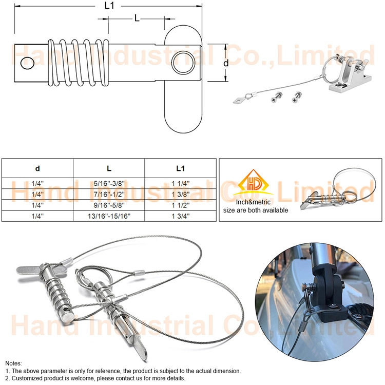 Accesorios de yate de acero inoxidable 304 316 para el palet barco utilice 1/4"*1 1/4" con cuerda caída de liberación rápida Pasador