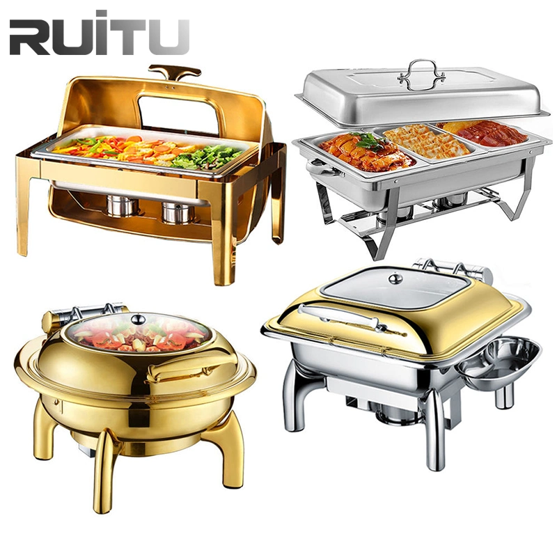 Equipo de catering para mantener los alimentos más caliente tipo buffet decorativas Server cúpula Colgante de oro caliente Shafing plato redondo de lujo con tapa de bisagra plato rozamiento de latón